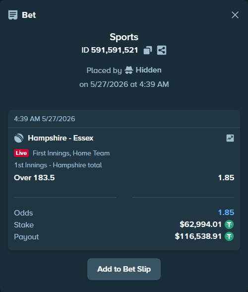 Bet slip: Hampshire - Essex, $63,057.00 stake at 1.85 odds, placed by Hidden