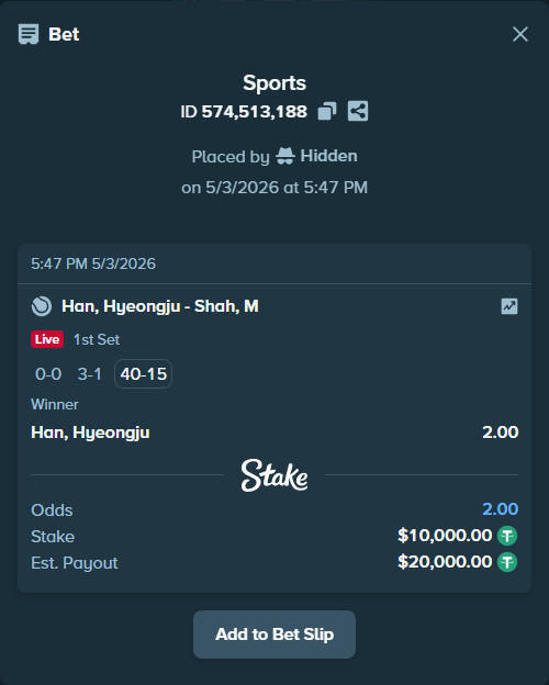 Bet slip: Han, Hyeongju - Shah, M, $10,000.00 stake at 2.00 odds, placed by Hidden