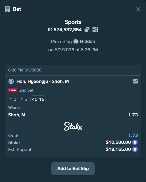 Bet slip: Han, Hyeongju - Shah, M, $8,702.01 stake at 1.73 odds, placed by Hidden