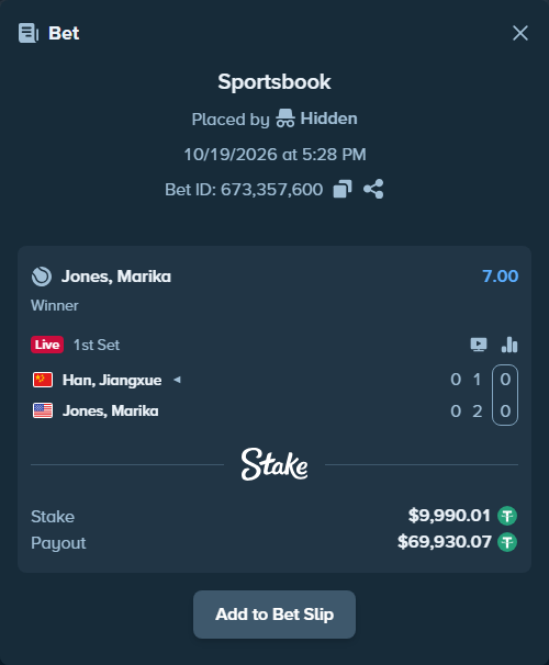 Bet slip: Han, Jiangxue - Jones, Marika, $10,000.00 stake at 7.00 odds, placed by Hidden