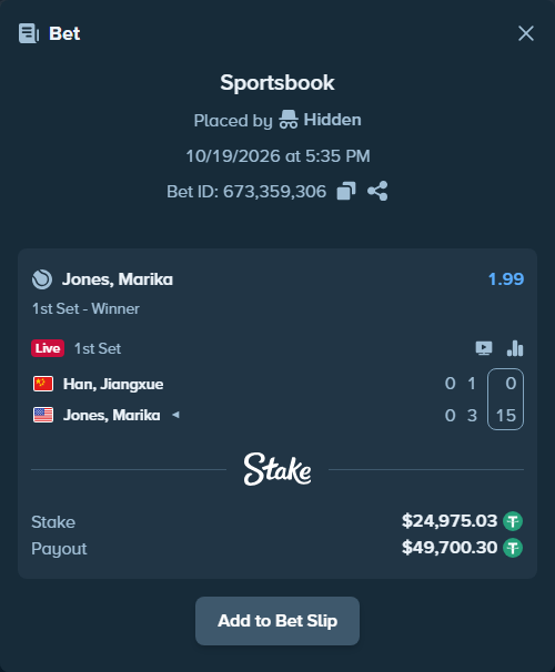 Bet slip: Han, Jiangxue - Jones, Marika, $25,000.00 stake at 1.99 odds, placed by Hidden