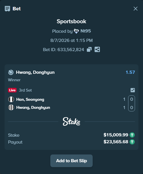 Bet slip: Han, Seonyong - Hwang, Donghyun, $15,025.00 stake at 1.57 odds, placed by Nt95