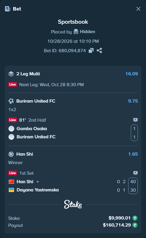 Bet slip: Han Shi - Dayana Yastremska, $10,000.00 stake at 1.65 odds, placed by Hidden