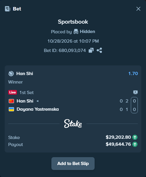 Bet slip: Han Shi - Dayana Yastremska, $29,232.00 stake at 1.70 odds, placed by Hidden