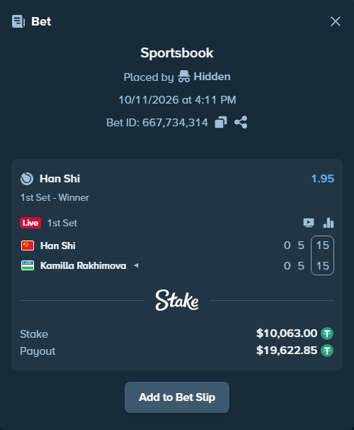 Bet slip: Han Shi - Kamilla Rakhimova, $10,073.06 stake at 1.95 odds, placed by Hidden