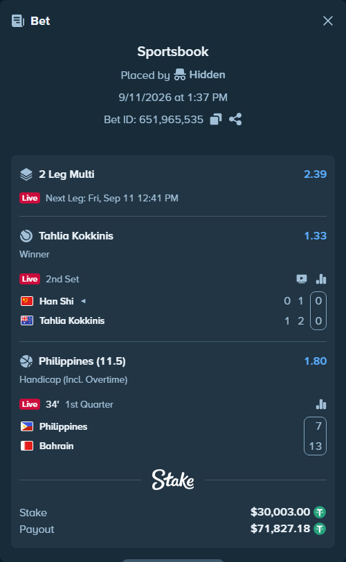 Bet slip: Han Shi - Tahlia Kokkinis, $30,000.00 stake at 1.33 odds, placed by Hidden