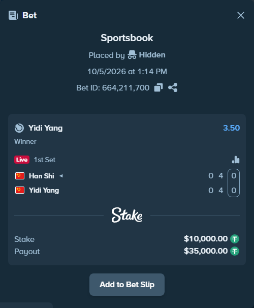Bet slip: Han Shi - Yidi Yang, $10,000.00 stake at 3.50 odds, placed by Hidden