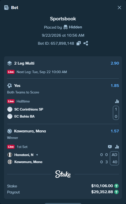 Bet slip: Hanatani, N - Kawamura, Mana, $10,106.00 stake at 1.57 odds, placed by Hidden