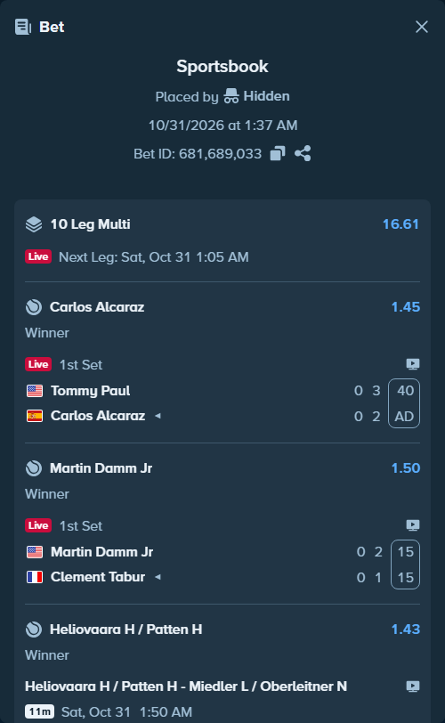 Bet slip: Hands T / Summers M - Jans J / Vliegen J, $10,000.00 stake at 1.44 odds, placed by Hidden
