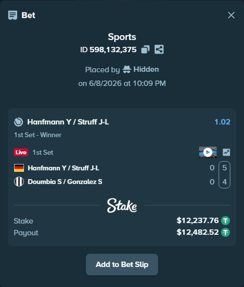 Bet slip: Hanfmann Y / Struff J-L - Doumbia S / Gonzalez S, $12,250.00 stake at 1.02 odds, placed by Hidden