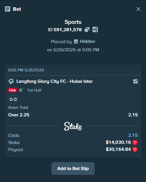Bet slip: Hangzhou Linping Wuyue - Hubei Istar, $12,286.03 stake at 2.15 odds, placed by Hidden