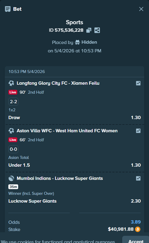Bet slip: Hangzhou Linping Wuyue - Xiamen Feilu, $33,483.19 stake at 1.30 odds, placed by Hophi777