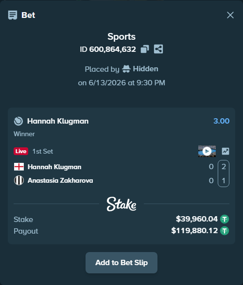 Bet slip: Hannah Klugman - Anastasia Zakharova, $40,000.00 stake at 3.00 odds, placed by Hidden
