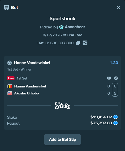 Bet slip: Hanne Vandewinkel - Akasha Urhobo, $19,456.02 stake at 1.30 odds, placed by Annnabear