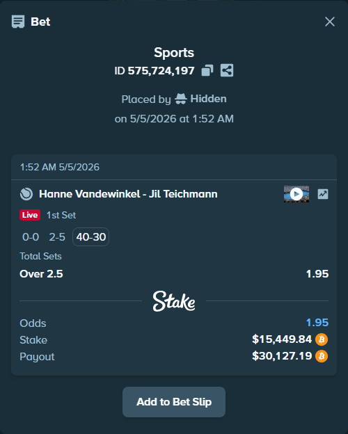 Bet slip: Hanne Vandewinkel - Jil Teichmann, $12,414.33 stake at 1.95 odds, placed by Hidden