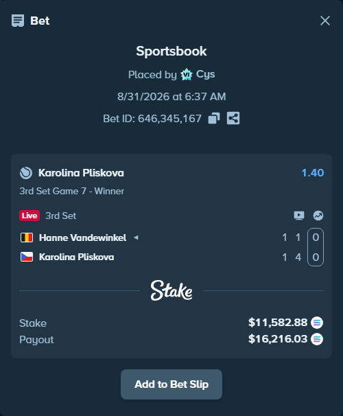 Bet slip: Hanne Vandewinkel - Karolina Pliskova, $11,489.66 stake at 1.40 odds, placed by Cys