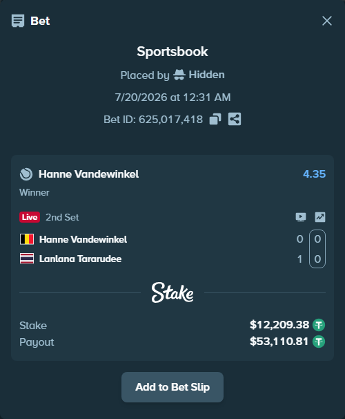 Bet slip: Hanne Vandewinkel - Lanlana Tararudee, $12,221.59 stake at 4.35 odds, placed by Hidden