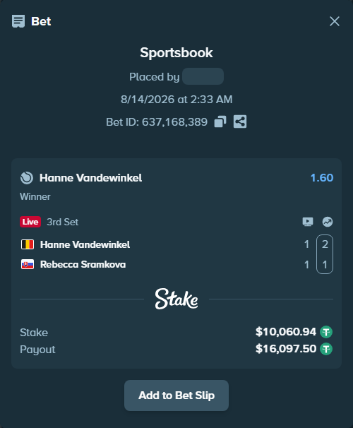 Bet slip: Hanne Vandewinkel - Rebecca Sramkova, $10,071.00 stake at 1.60 odds, placed by zz523