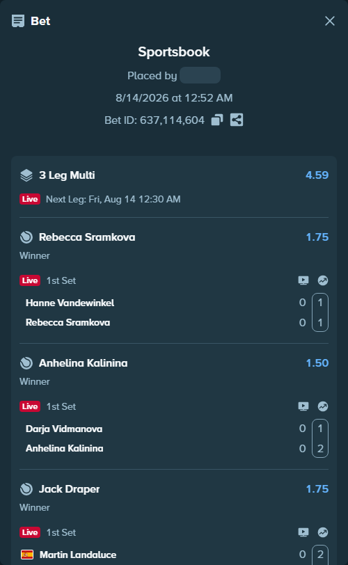 Bet slip: Hanne Vandewinkel - Rebecca Sramkova, $11,531.16 stake at 1.75 odds, placed by Mashko21