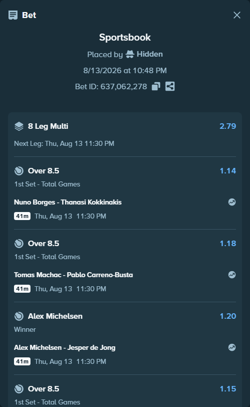 Bet slip: Hanne Vandewinkel - Rebecca Sramkova, $125,125.00 stake at 1.09 odds, placed by Hidden