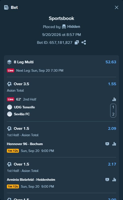 Bet slip: Hannover 96 - Bochum, $10,000.00 stake at 2.09 odds, placed by Hidden