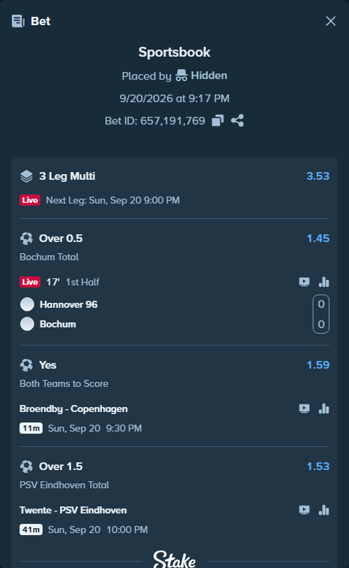 Bet slip: Hannover 96 - Bochum, $13,123.45 stake at 1.45 odds, placed by Hidden