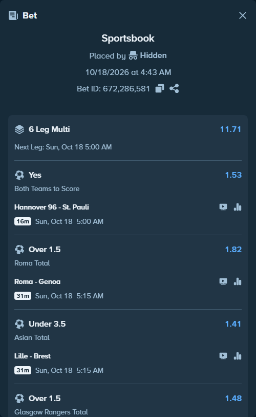Bet slip: Hannover 96 - St. Pauli, $260,275.51 stake at 1.53 odds, placed by Hidden