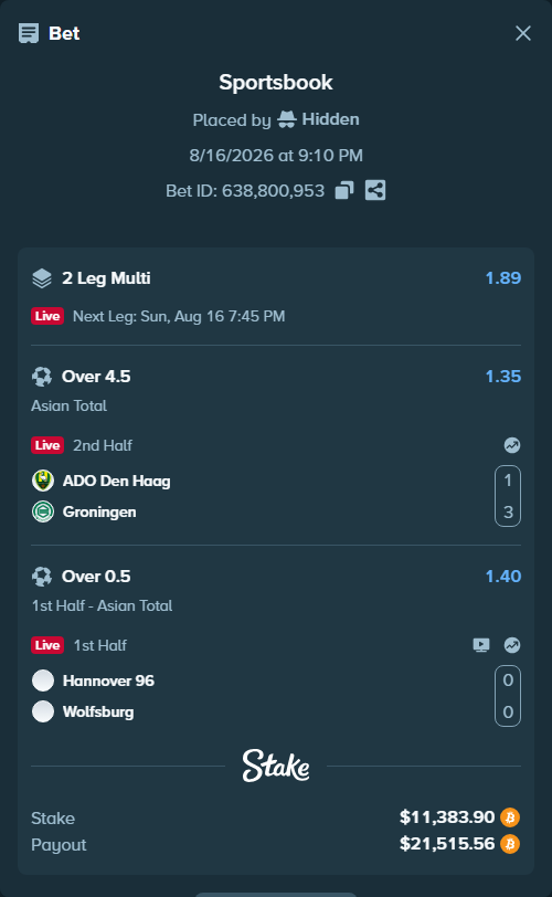 Bet slip: Hannover 96 - Wolfsburg, $11,387.94 stake at 1.40 odds, placed by Hidden