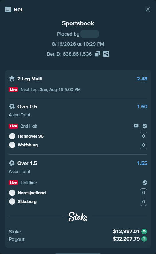 Bet slip: Hannover 96 - Wolfsburg, $13,000.00 stake at 1.60 odds, placed by tlwns4736