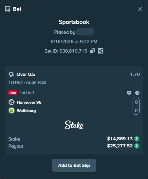 Bet slip: Hannover 96 - Wolfsburg, $14,884.00 stake at 1.70 odds, placed by tlwns4736