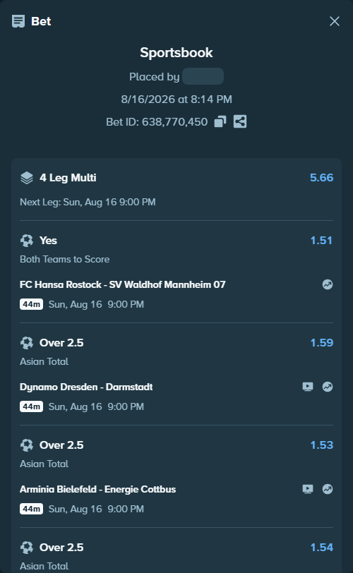 Bet slip: Hansa Rostock - SV Waldhof Mannheim 07, $13,500.00 stake at 1.51 odds, placed by Kaidou827