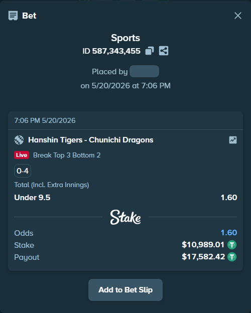 Bet slip: Hanshin Tigers - Chunichi Dragons, $11,000.00 stake at 1.60 odds, placed by ArtTema