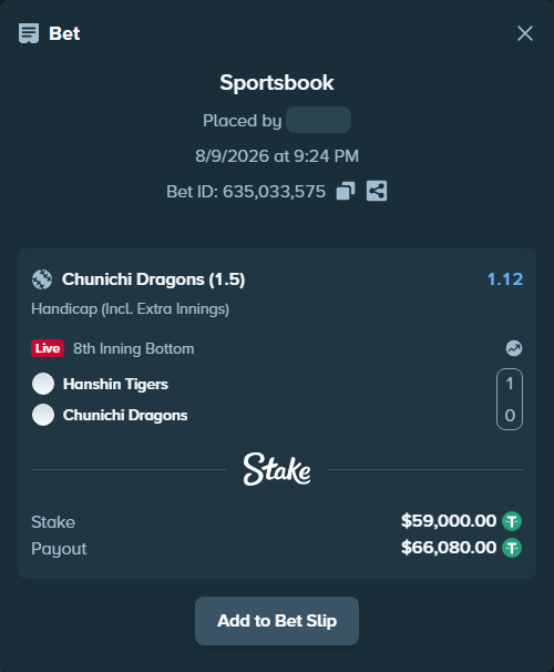 Bet slip: Hanshin Tigers - Chunichi Dragons, $59,059.00 stake at 1.12 odds, placed by riaggo1