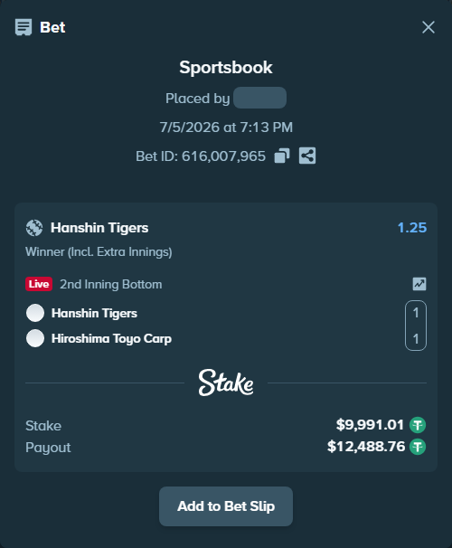 Bet slip: Hanshin Tigers - Hiroshima Toyo Carp, $10,001.00 stake at 1.25 odds, placed by YasutakaNakano
