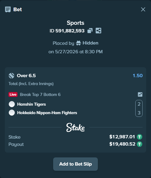 Bet slip: Hanshin Tigers - Hokkaido Nippon-Ham Fighters, $13,000.00 stake at 1.50 odds, placed by Hidden