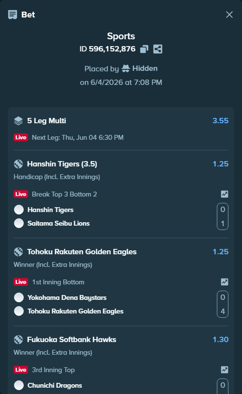 Bet slip: Hanshin Tigers - Saitama Seibu Lions, $10,280.68 stake at 1.25 odds, placed by Hidden