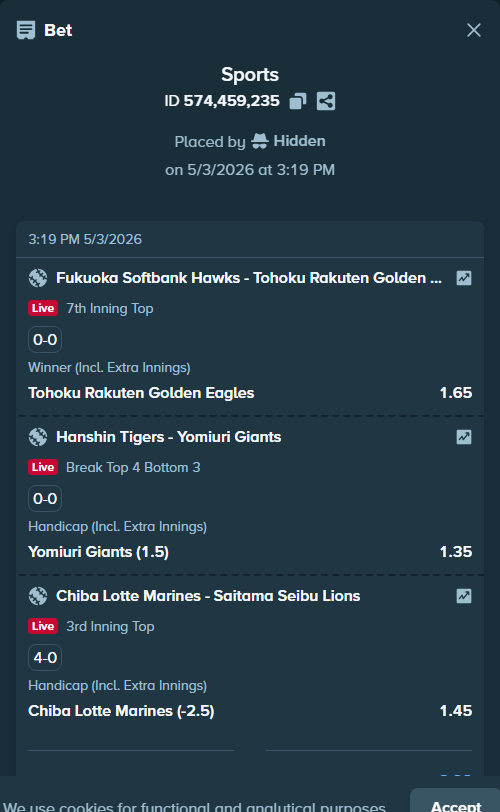 Bet slip: Hanshin Tigers - Yomiuri Giants, $5,322.83 stake at 1.35 odds, placed by Dash30