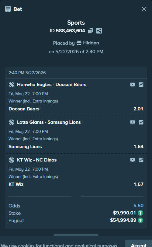 Bet slip: Hanwha Eagles - Doosan Bears, $10,000.00 stake at 2.01 odds, placed by 대박이지롱