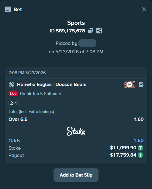 Bet slip: Hanwha Eagles - Doosan Bears, $11,111.00 stake at 1.60 odds, placed by ArtTema