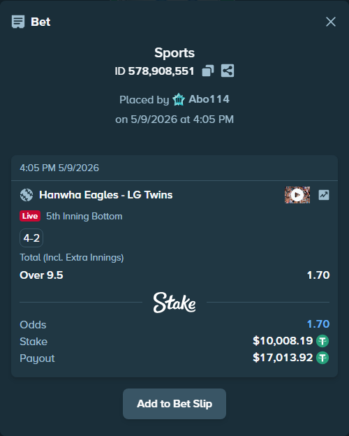 Bet slip: Hanwha Eagles - LG Twins, $10,008.19 stake at 1.70 odds, placed by Abo114