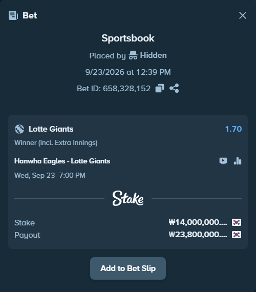 Bet slip: Hanwha Eagles - Lotte Giants, $10,500.00 stake at 1.70 odds, placed by Hidden