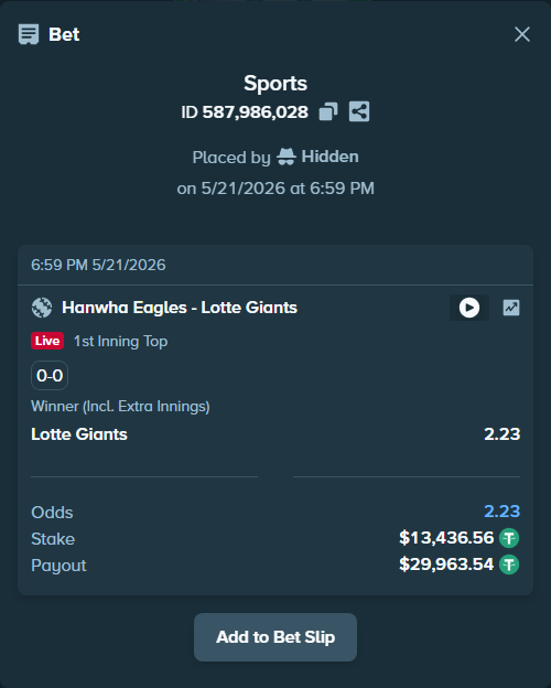 Bet slip: Hanwha Eagles - Lotte Giants, $13,450.00 stake at 2.23 odds, placed by 가보자이잇