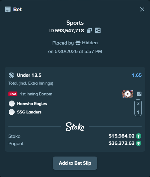 Bet slip: Hanwha Eagles - SSG Landers, $16,000.00 stake at 1.65 odds, placed by Hidden