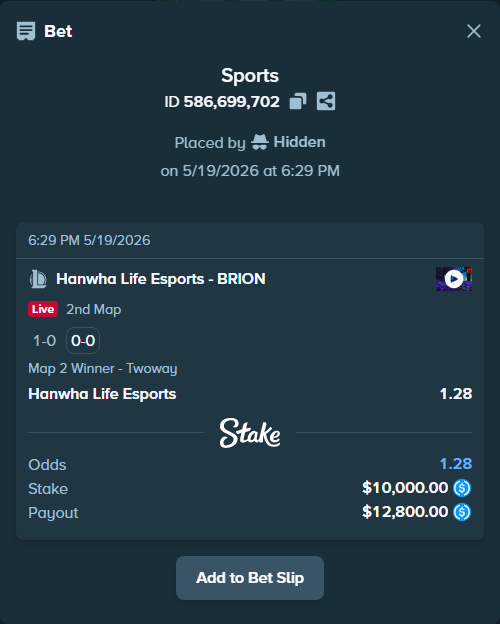 Bet slip: Hanwha Life Esports - BRION, $10,000.00 stake at 1.28 odds, placed by Hidden