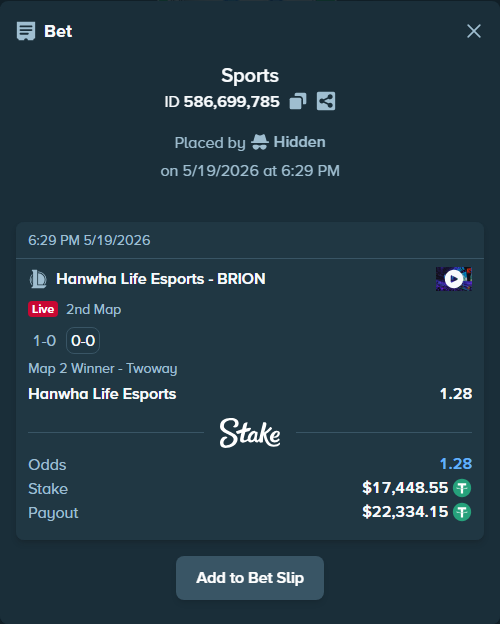 Bet slip: Hanwha Life Esports - BRION, $17,466.00 stake at 1.28 odds, placed by Hidden