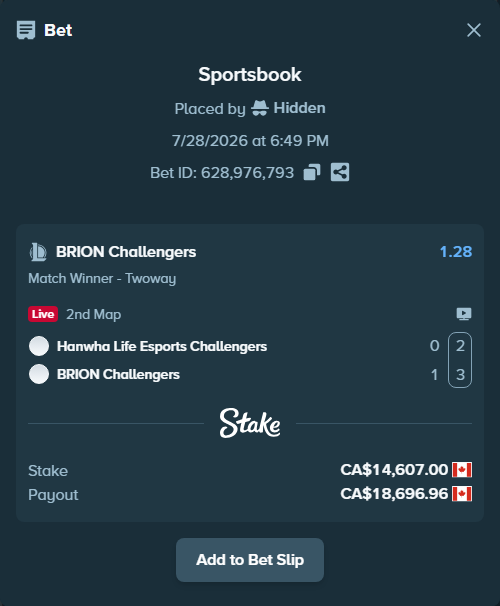 Bet slip: Hanwha Life Esports Challengers - BRION Challengers, $10,809.18 stake at 1.28 odds, placed by Hidden