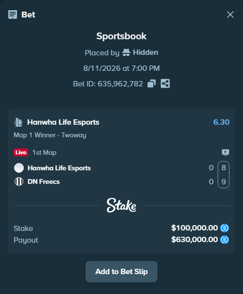 Bet slip: Hanwha Life Esports - DN SOOPers, $100,000.00 stake at 6.30 odds, placed by Hidden