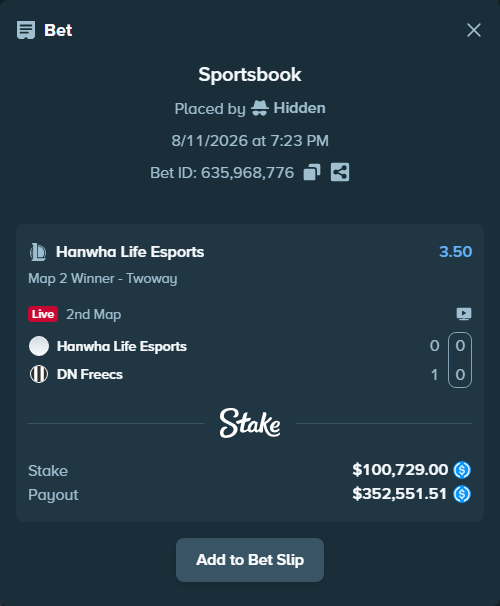 Bet slip: Hanwha Life Esports - DN SOOPers, $100,729.00 stake at 3.50 odds, placed by Hidden