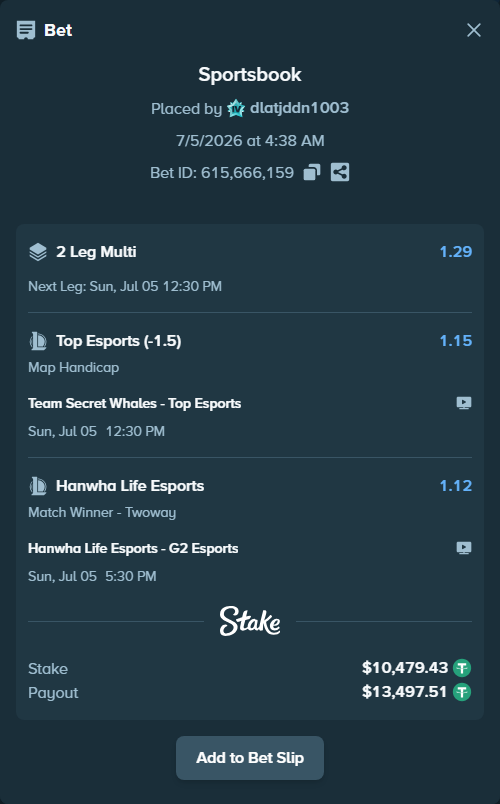 Bet slip: Hanwha Life Esports - G2 Esports, $10,489.91 stake at 1.12 odds, placed by dlatjddn1003