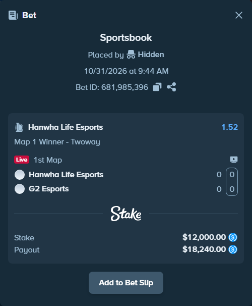 Bet slip: Hanwha Life Esports - G2 Esports, $12,000.00 stake at 1.52 odds, placed by homiakkk